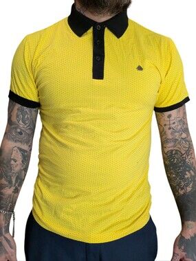 Calvino Men's Yellow Black Dotted Perforated Short Sleeve Polo Shirt Size M